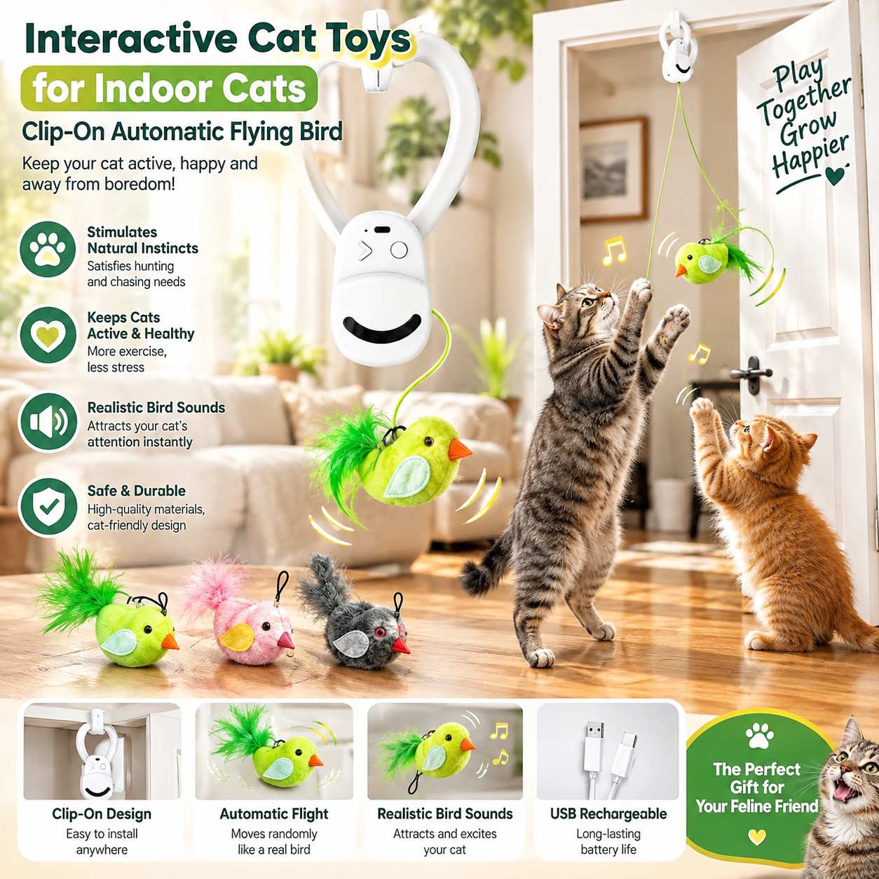 Interactive Cat Toys for Indoor Cats, Clip-On Automatic Flying Bird